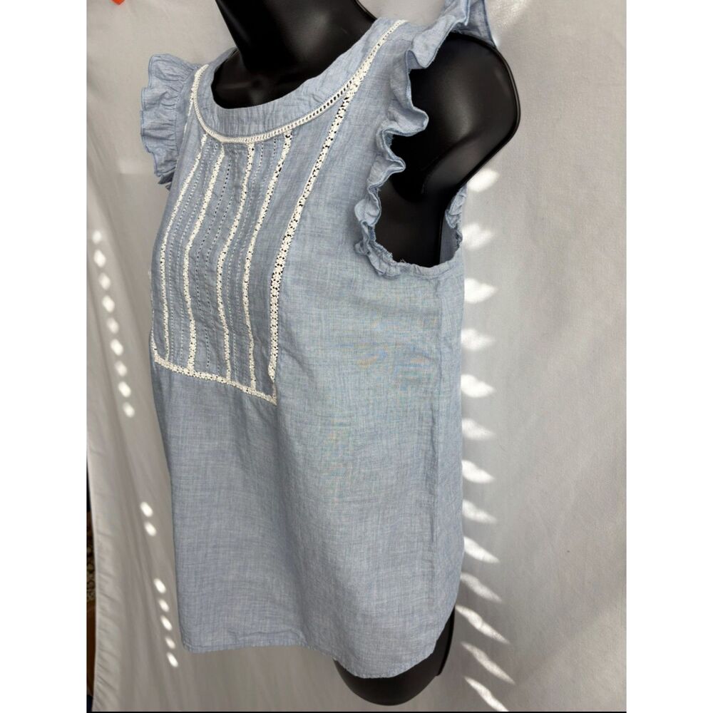 Loft Blue Ruffles Blouse Top Sze XS Cottagecore Vintage Retro Peasant Sleeveless - Picture 4 of 10